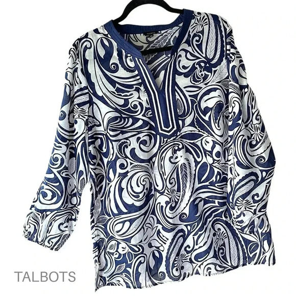 Talbots Tops - TALBOTS NWOT SPLIT NECK TUNIC PAISLEY 3/4 SLEEVE NAVY BLUE WHITE | SIZE: LARGE